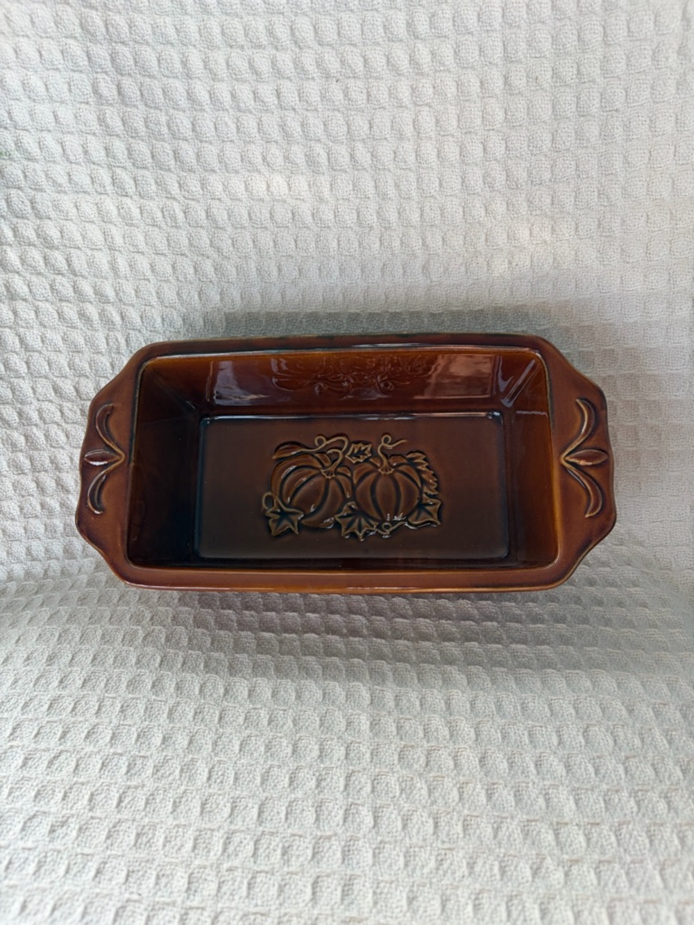Brown Glazed Stoneware Loaf Baking Dish With A Pumpkin Motif New Without Tags